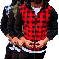 New Man Plaid Patchwork Hood Sweatshirt Causal Long Sleeve Shirt Coat Zipper Plus Size Hoodies Hoodie Sudadera Hombre Moletom