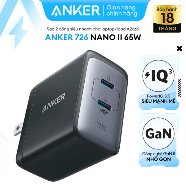 Sạc ANKER 726 NANO II 2 Cổng 65W – A2666 – 2 Cổng USB-C Công Nghệ Power IQ 3.0
