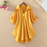 COD DSFERTRETRE Large size solid color women blouse covering belly Chiffon blouse Western style blouse