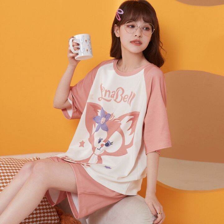 pink-fox-short-sleeve-pajamas-ชุดนอนแขนสั้นขาสั้นลินาเบล-จิ้งจอกสีชมพูสุดน่ารัก-พร้อมส่ง