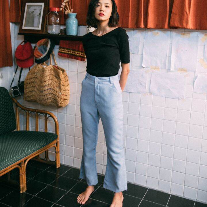 AYNIRIS Baby blue flare pants กางเกงเอวสูง ขาบาน สีฟ้า Lazada.co.th