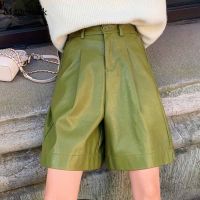 New Solid High Waist Women Pockets Zipper Fly Shorts Loose Femme Shorts Women PU Leather Casual High Street Biker Shorts 10997