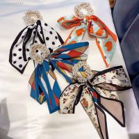 ✳◑✴ Luxury retro pastoral style seaside silk scarf ribbon pearl hair ring bow knot rubber band ladies hair rope fashion retro turban