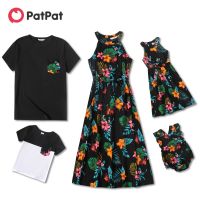 ☁❧ PatPat Family Matching Floral Print Black Halter Neck Sleeveless Maxi Dresses and Short sleeve T shirts Sets