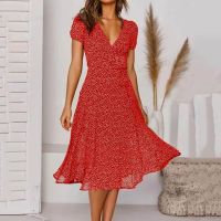 【Ladies shop】 SummerSwingPrint Midifor WomenHigh Waist Deep V-Neck ChiffonLadiesParty Dress