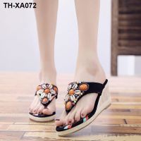 Internet celebrity pinch beaded slippers antique slope heel sandals womens cloth shoes outerwear non-slip flip flops original casual soft bottom