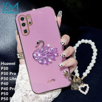 YiaMia โทรศัพท์แฟชั่นสำหรับ Huawei P30 P30 Pro P30 Lite P40 P40 Pro P50 P50 Pro Chrome Soft TPU Rhinestone Swan โทรศัพท์กรณี + Pearl สร้อยข้อมือเชือกโทรศัพท์