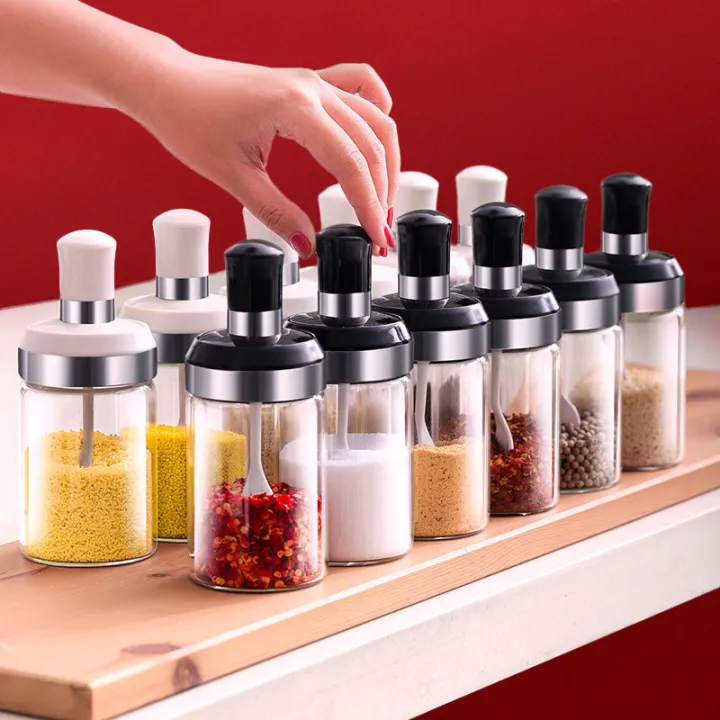 Condiment Glass with Spoon Transparent Kitchen Gadget Seasoning Bottle ...