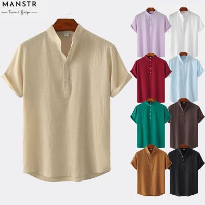 CODTheresa Finger [12 Colors]Kemeja Pullover Lengan Pendek Linen Lelaki Mens Casual Solid Color Short Sleeve Pullover Shirt Linen Stand Collar Summer Beach Basic Polo Shirt BrownKhakiLight BlueGreenCoffeeWhiteBlack