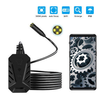 Industrial Endoscopy Borescope Inspection Camera Supported W-IFI Connected/ P-hone App Control/ Auto-focus Built-in 4 Dimmable Adjustable Brightness LEDs 14mm Lens 2560X1944 Resolution IP68 Water Resistance Built-in 2600 High Capacity Rechargeable Cell