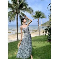 French sexy strap broken beautiful dress female new vacation side waist show thin fold temperament long skirt