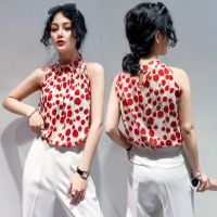 2021 Korean Style Halter Sleeveless Floral Chiffon Blouse Womens Loose Sweet Elegant Western Style Small Shirt Thin Top