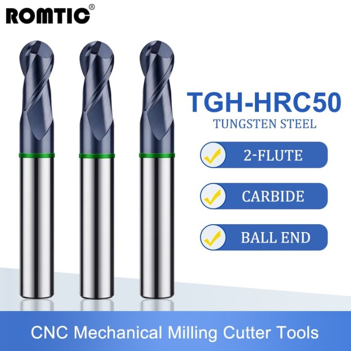 romtic-tgh-hrc50-ทังสเตนเหล็กคาร์ไบด์สําหรับเครื่องตัดมิลลิ่งเหล็ก-2f-การเคลือบแหวนสี-cnc-mechanical-ball-end-endmills-เครื่องมือ
