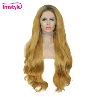 Imstyle Blonde Golden Wig Synthetic Lace Front Wig For Women Heat Resistant Fiber Dark Root Natural Wavy Long Wig Cosplay Wig  Hair Extensions Pads