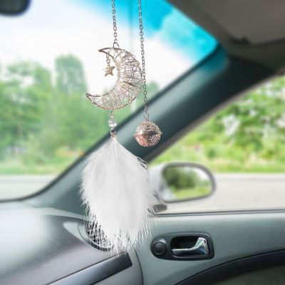 【jw】✔  Feito à mão natureza pena lua sonho apanhador decorações do carro para interior espelho retrovisor boêmio ornamento pingente de
