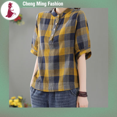 Cheng Ming ผู้หญิงแขนสั้นเสื้อเชิ๊ตลำลองแบบสวมหัว,เสื้อฝ้ายลินินลายสก๊อตย้อนยุคฤดูร้อนคอกลม