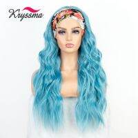 2021Kryssma Blue Wavy Headband Synthetic Wigs Heat Resistant Fiber Hair Scarf Headband Wig With Free Head Band for Women Cosplay