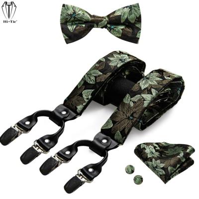 Hi-Tie Silk 6 Clips Mens Suspenders Jacquard Black Green Floral Braces Bowtie Hanky Cufflinks Set For Men Adjustable Business