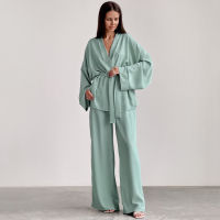 Pajamas For Women Loose Nightwear Long Sleeve 2 Piece Sets Pyjamas Sashes Solid Trouser Suits Casual Female Sleepwear