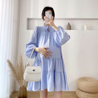 2022 spring loose long-sleeved maternity dress blue ribbon lacing collar plus size woman clothes woman cotton dresses