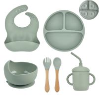 4/5/6Pcs Silicone Baby Feeding Set BPA Free Suction Bowl Divided Plate Wooden Handle Spoon Fork Silicone Bibs Children Tableware Bowl Fork Spoon Sets