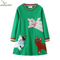 ZZOOI Jumping Meters 2-8T Green Cats Princess Girls Dresses Animals Embroidery Autumn Baby Clothes Long Sleeve Children Costume Frock