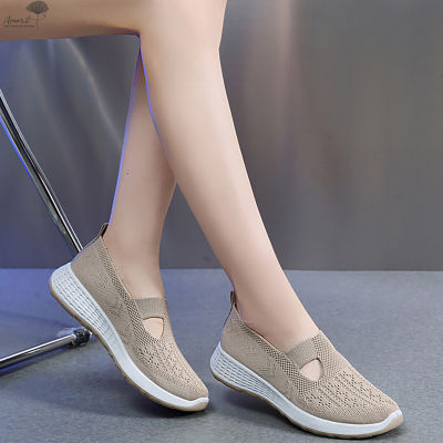Amart รองเท้ากีฬาผู้หญิงลายตาข่ายยืดได้,รองเท้าผ้าใบสำหรับใส่เดินในรองเท้าเสริมส้นออกกำลังกายทุกวัน