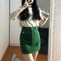 COD ▦☾﹍ The Outline Shop27dgsd6gfd Summer Green A-Line Denim Short Skirt For Womens Korean Retro Plain High Waist Mini Skirt