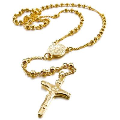 Stainless Steel Pendant Necklace Gold Jesus Christ Crucifix Cross Rosary Retro 23 Inch Chain Man Woman