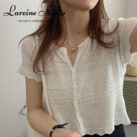 LAREINE เสื้อยืดผู้หญิงคอวี,เสื้อถักเอวตัดสั้นกลวงสั้นเสื้อฤดูร้อนใหม่