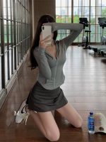 ✽۩☞ Gray summer 2023 new casual high-waist A-line short skirt for women with lining slimming sports yoga skirt pants