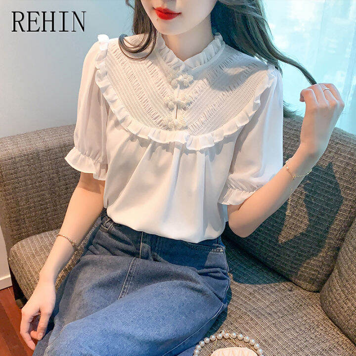 rehin-เสื้อผู้หญิงแขนสั้น-เสื้อผู้หญิงแขนสั้นชุดผ้าชีฟองมีปกหูสีขาวทำจากไม้ช่องความรู้สึกการออกแบบแฟชั่นใหม่ฤดูร้อน