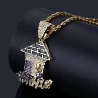 Hip Hop Cartoon Shape TRAPHOUSE Pendant Necklace Full Paved AAA Cubic Zircon Men Women Party Jewelry Fashion Chain Necklaces