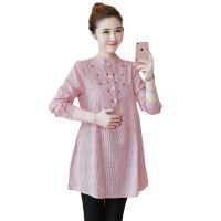 6530# Waist Pleated Embroidery Cotton Maternity Shirt Spring &amp; Autumn Blouse Tops Clothes for Pregnant Women Pregnancy Clothing