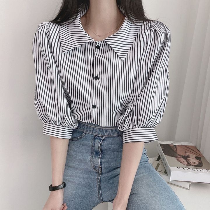 korean-chic-spring-minority-all-match-lapel-single-breasted-design-loose-puff-sleeves-striped-shirt-top-for-women-2023