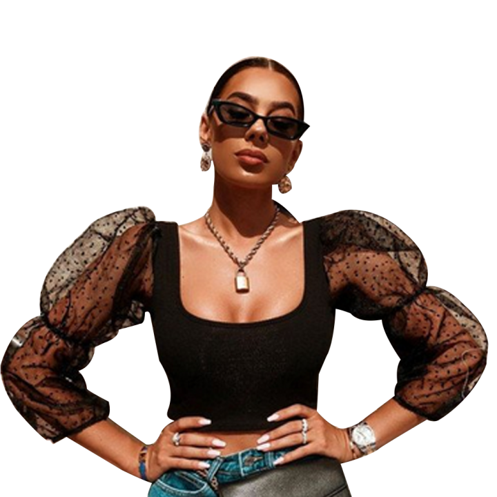 akefun】New Summer Fashion Women See-through Puff Sleeve Sheer Mesh Dot  Blouse Crop Top Long Sleeve Shirt Tops Party Clubwear Blouses | Lazada