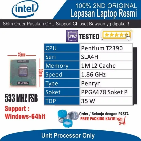 Onderhandelen jas hel CPU-PNT-16 Processor Laptop Notebook Intel Pentium T2390 Cache 1M 1.86GHz  533Mhz CPU SLA4H Prosesor | Lazada Indonesia