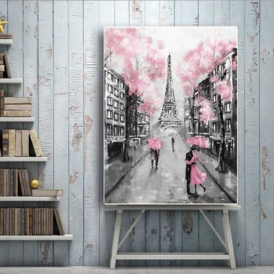 Paris City Oil Painting Print Eiffel Tower Couple With Umbrella on Street Wall Art Picture Poster Canvas Painting Home Decor