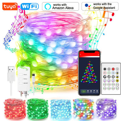 Tuya Smart WiFi Dreamcolor LED Fairy String Light 10m 100LED RGB RGBIC USB Strip Light Work Alexa Music Sync APP 24key Remote