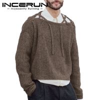 ♣ INCERUN Mens Lace Up Party Pullover Solid Color Long Sleeve Casual Sweaters