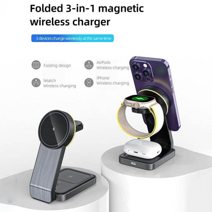 foldable15w-ไร้สายแม่เหล็กขาตั้งสำหรับ14-13-12-pro-max-นาฬิกา-apple-airpods-3-in-1สถานีแท่นชาร์จที่รวดเร็ว