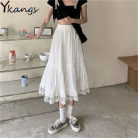 High Waist Lace Stitching Ruffle Tulle Pleated Skirt Summer Vintage White Thin Long Skirt 2021 New Women Korean Black Streetwear