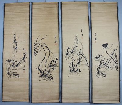 ประณีตสไตล์โบราณภาพจิตรกรรมจีนกุ้งโดยจิตรกรที่เลื่องชื่อ-Qi Baishi