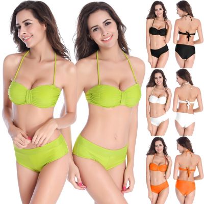 [COD] Fashionable nylon poly-breasted trousers with special lines split slimming hot spring swimsuit Halter neck European size bikini
