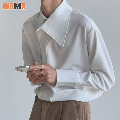 WOMA สีขาวเสื้อเชิ้ตแฟชั่นลำลองแบบพรีเมี่ยมสัมผัสเสื้อคอปกใหญ่หลวมเสื้อบ่งบอกบุคลิก