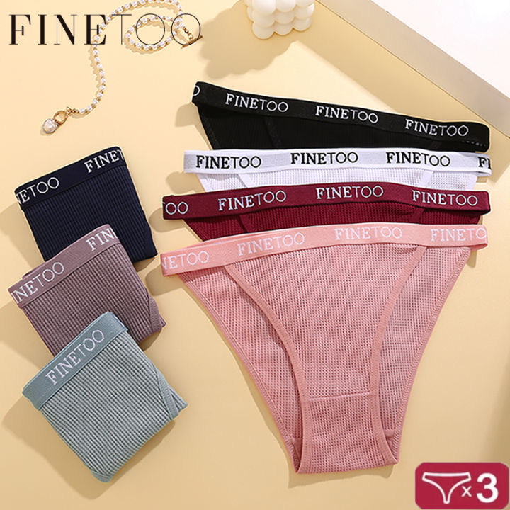 Finetoo 3 Pc Set Waffle Plaid Cotton Briefs Women Panties Ladies Solid