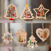 Christmas Decorations Wooden Christmas Hollow Christmas Tree Small Pendant Wooden Pentagram Bell Pendant New Year 39;s Gift