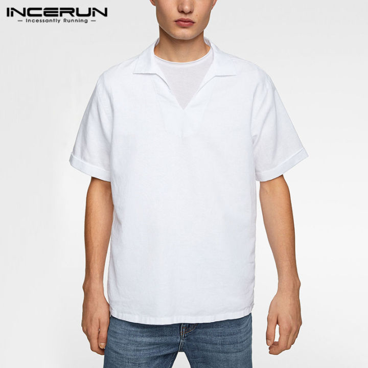 incerun-เสื้อผู้ชายแขนสั้นผ้าลินินผ้าฝ้าย-henley-เสื้อลำลองหลวมสีทึบเสื้อยืดเสื้อยืด-ลดล้างสต๊อก