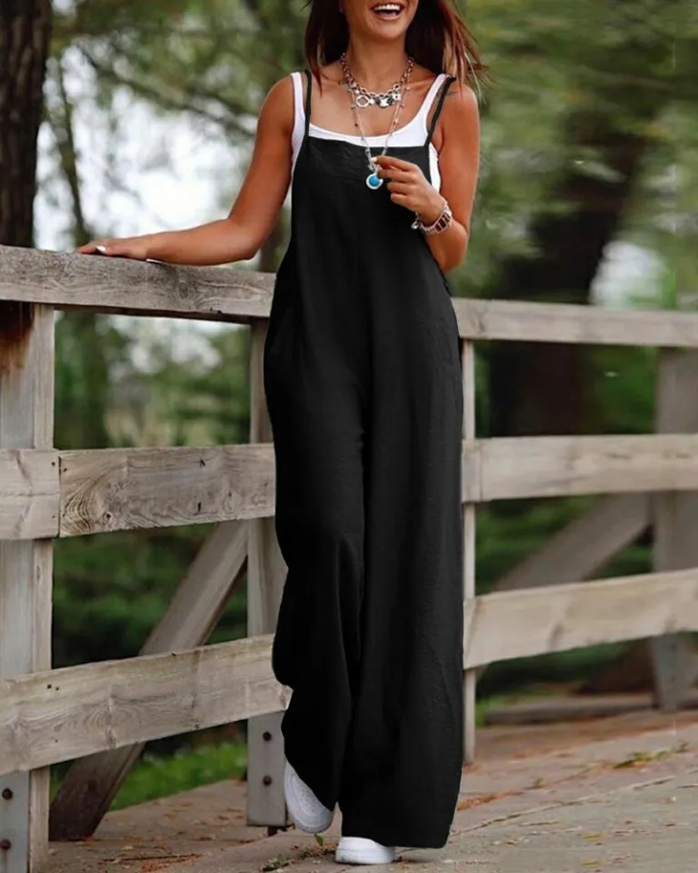 Summer 2023 new women's pure color suspenders one-piece pants wide leg  pants