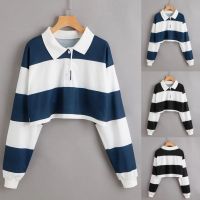 แฟชั่น Simple STRIPES เสื้อผู้หญิงลำลองแขนยาวสั้น Turn-Down COLLAR hoodies Harajuku TOP blous